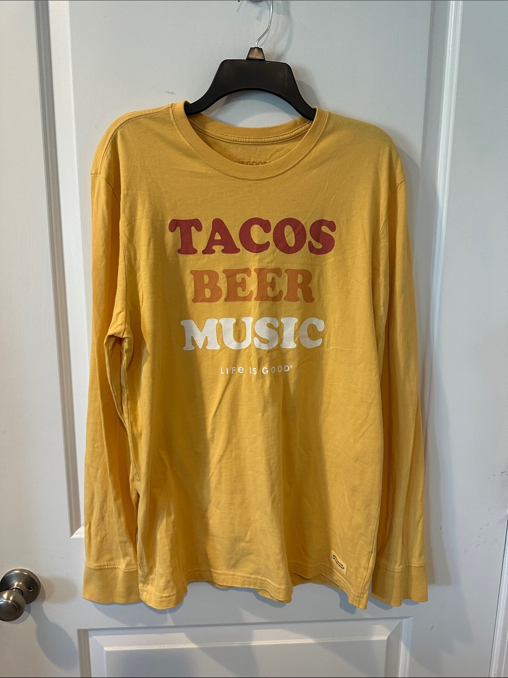 Life Is Good Men's Mustard Yellow Long Sleeve 'Tacos Beer Music' Graphic Tee